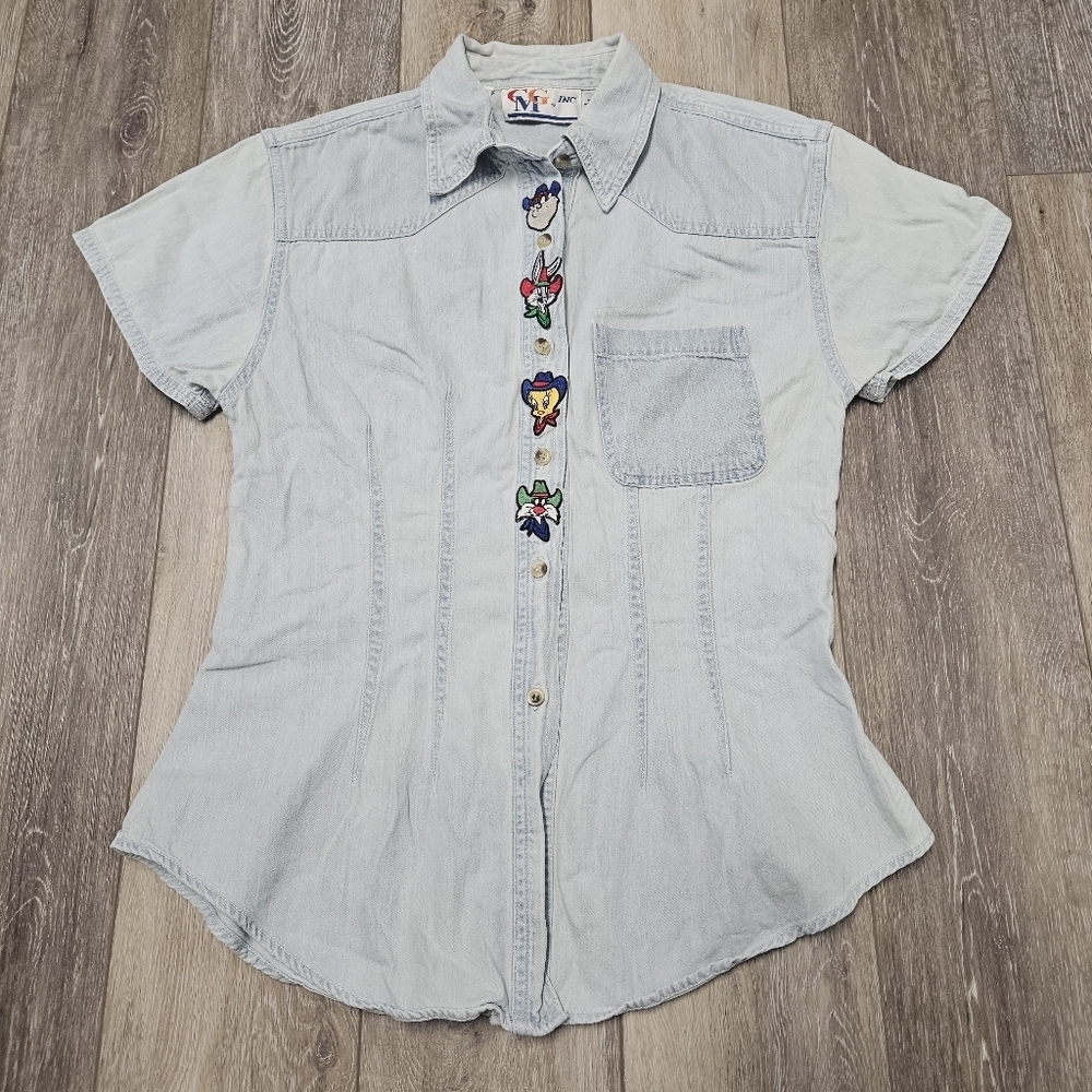 Vintage Looney Tunes CMG Inc. Denim Acid Wash Button Down Top Women's Large